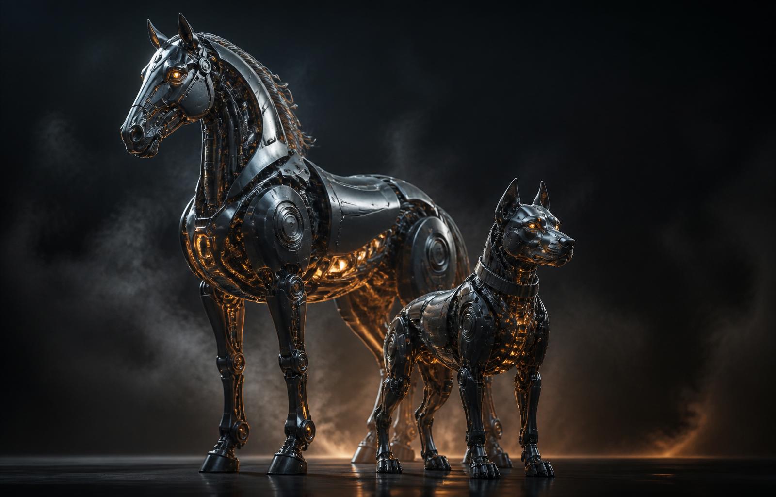 A robotic horse and robotic dog rendered in dark studio lighting with amber circuitry