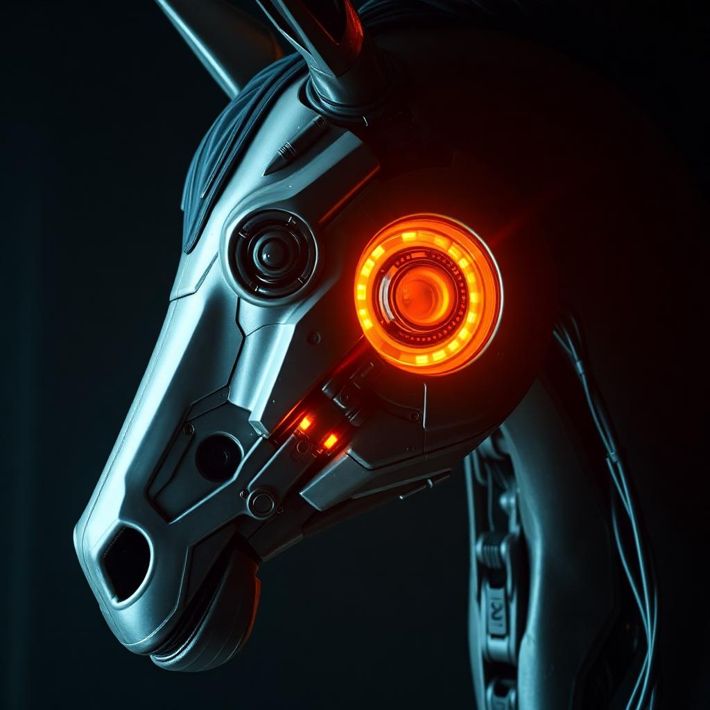 Robotic horse head profile with glowing eye
